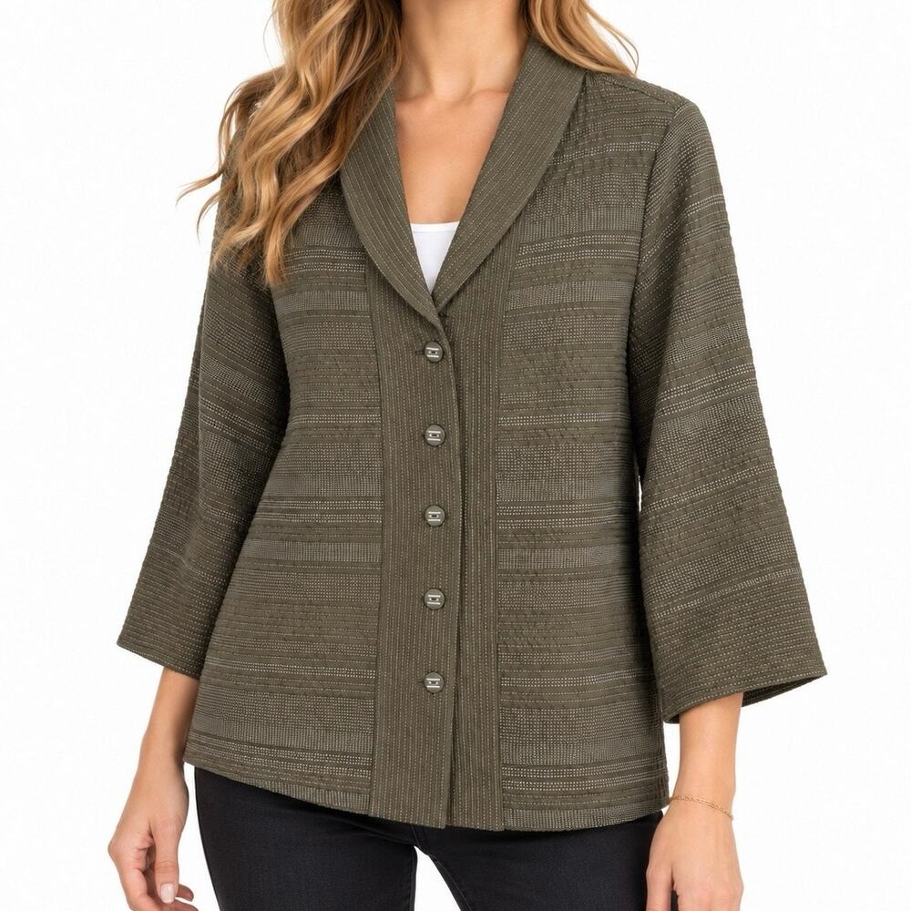 Habitat Sz Medium Olive Green Long Sleeve Wearable Art Blouse Shirt Top Fall